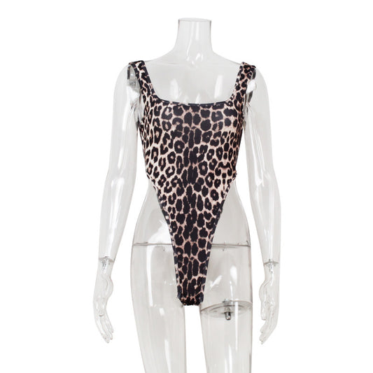Women's Fashion Street Leopard Print Sexy Suspender Jumpsuit