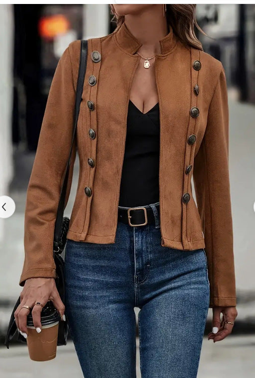 Double-row Metal Buckle Deerskin Velvet Retro Long-sleeved Coat
