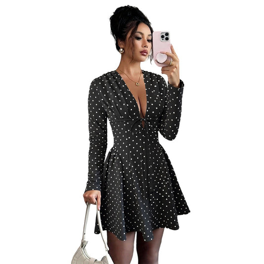 Fashionable Sweet Polka-Dot V-Neck Long-Sleeve Elastic-Waist Dress