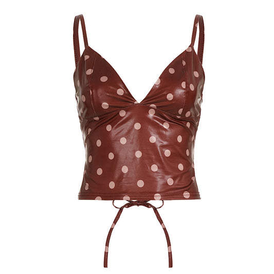 Polka Dot V-neck Leather Camisole For Women, Slim-fit And Versatile
