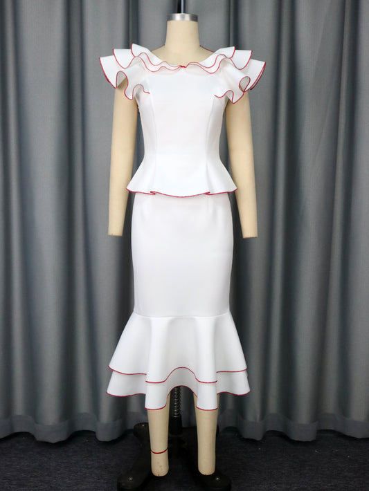Women's Ruffled Contrast Color Top Temperament Slim Fishtail Skirt Suit
