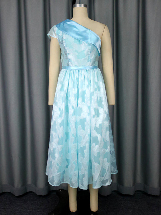 Women's Oblique Shoulder Contrast Color Evening Dress Jacquard Elegant Dress