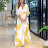 Flower Printed V-neck Batwing-sleeved Dress Fashion Elegant Backless Long Dresses Women's Clothing
