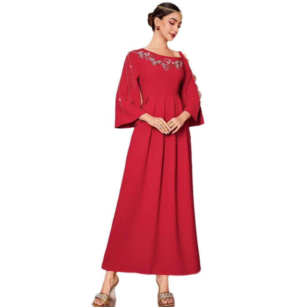 Red Designer Model Heavy Industry Hand Sewing Drill Off-the-shoulder Dress