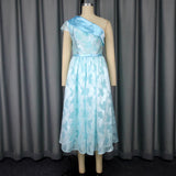 Women's Oblique Shoulder Contrast Color Evening Dress Jacquard Elegant Dress