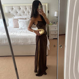 Sheer Lace Elegant Maxi Dress Women Sleeveless Backless Chic Evening Dress Off Shoulder Fashion Midi Dresses Slim Summer Dresses