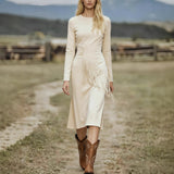 Women's Retro Western Crew-Neck Long-Sleeve Fringed Suede Velvet Dress