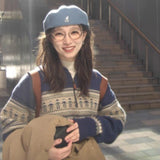 Retro Niche Fair Isle Long-sleeve Mock-neck Pullover Sweater