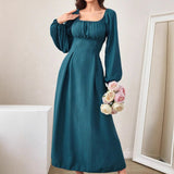 Women's Fashion Square-neck Tie-waist Figure-flattering A-line Dress With Long Sleeves And An Elegant Vibe