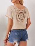 V-neck Back-cutout Patchwork Fashionable Lace Batwing-sleeve T-shirt