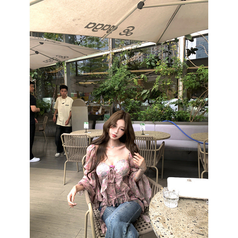 Printed Bay Sleeve Waist-tight Silk Craft Chiffon Blouses For Women