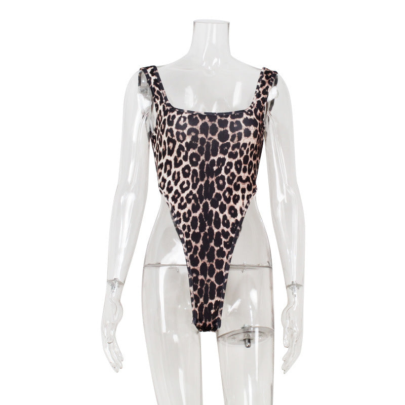Women's Fashion Street Leopard Print Sexy Suspender Jumpsuit