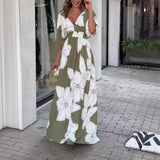 Flower Printed V-neck Batwing-sleeved Dress Fashion Elegant Backless Long Dresses Women's Clothing