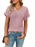 New Women's V-neck Short-sleeve Loose-fit Striped Casual Pullover T-shirt