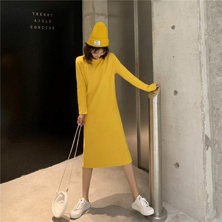 Loose-fitting Figure-flattering Long-sleeved Straight-cut Solid-color Dress