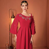 Red Designer Model Heavy Industry Hand Sewing Drill Off-the-shoulder Dress