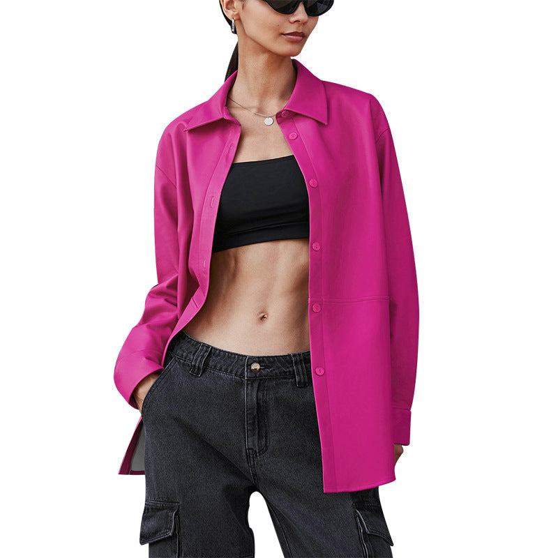 Fashion Long Sleeve Women's PU Shirt Leather Coat