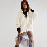 Waffle-knit Cardigan With Zipper Relaxed-fit Women's Hoodie