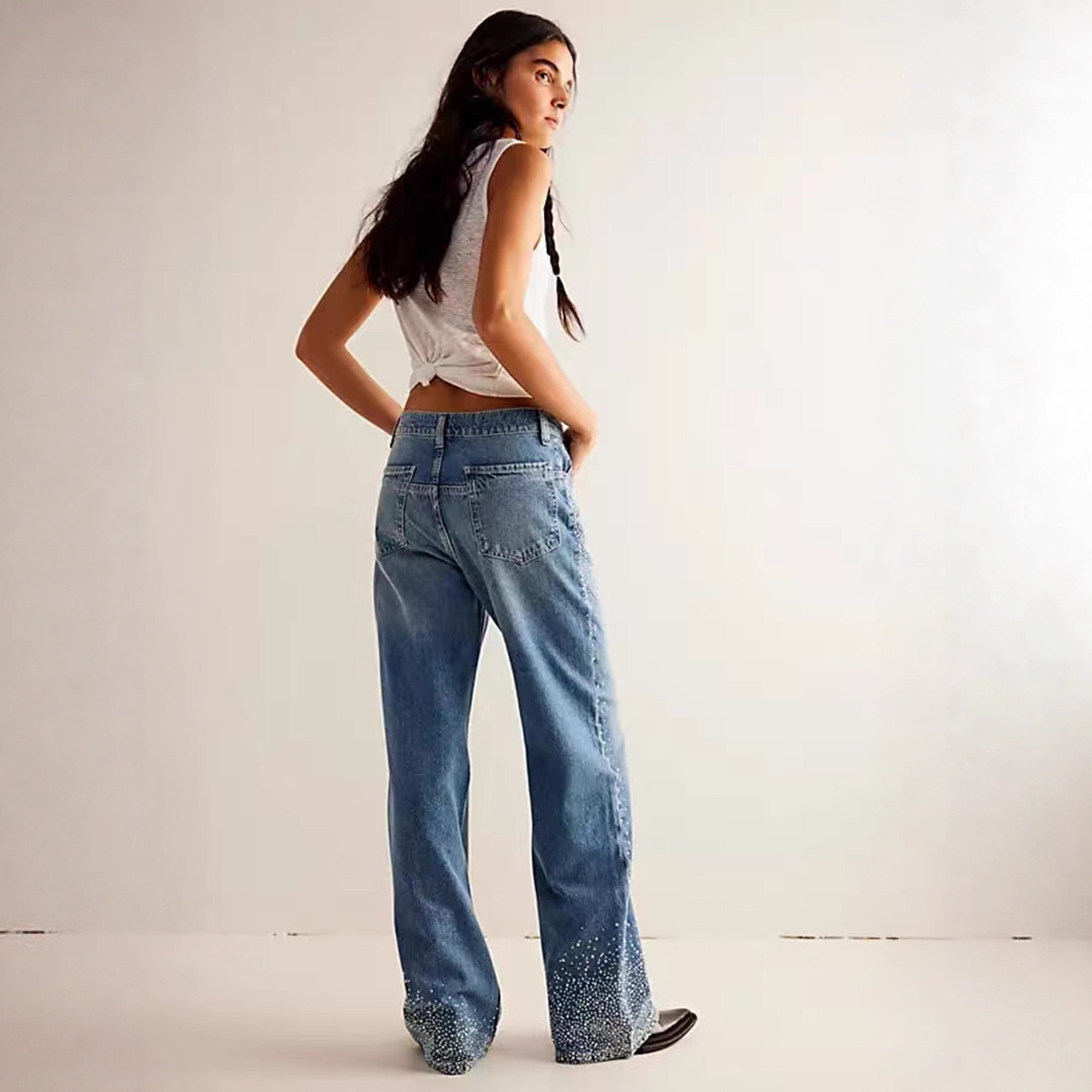Fashion Stretch Rhinestone Straight-leg Jeans