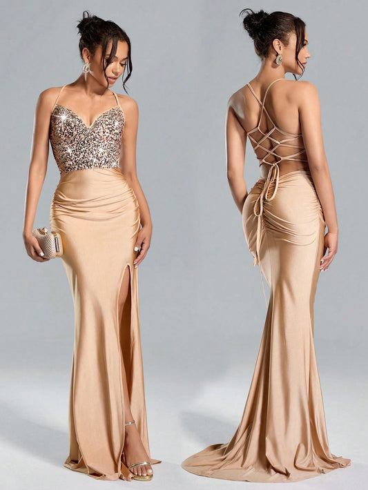 Suspended Backless High Waisted Sequin Patchwork High Slit Long Skirt Dresses Graduation Summer Dress Maxi Women Outfit