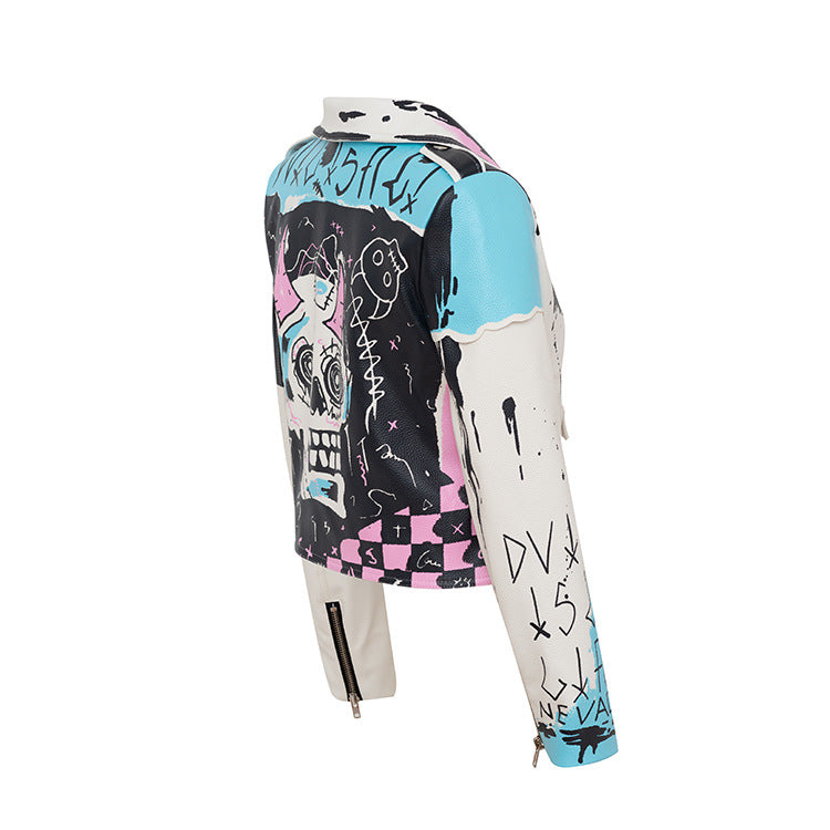 Personalized Graffiti Print Rivet Motorcycle Leather Jacket