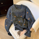 Women's Comfortable Sweater With Heart Pattern Long-Sleeved Crew-Neck Pullover