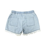 High-waisted Drawstring Fringe Denim Shorts For Women