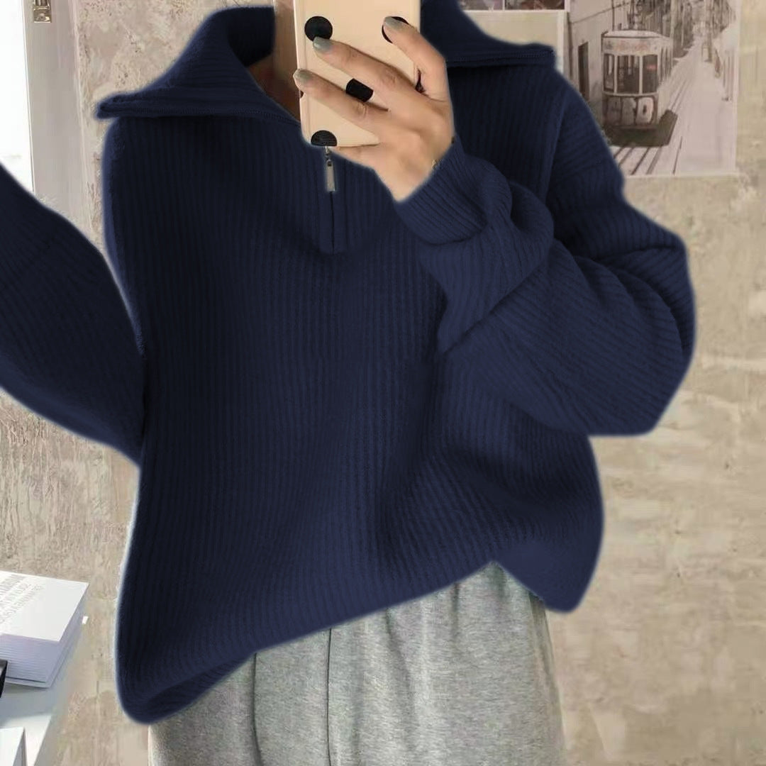 Women's Solid Color Loose Zipper Lapel Stand Up Sweater