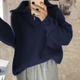 Women's Solid Color Loose Zipper Lapel Stand Up Sweater