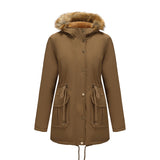 Hooded Women's Mid-length Padded Coat With Fur Collar And Defined Waist