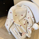 Women's Comfortable Sweater With Heart Pattern Long-Sleeved Crew-Neck Pullover