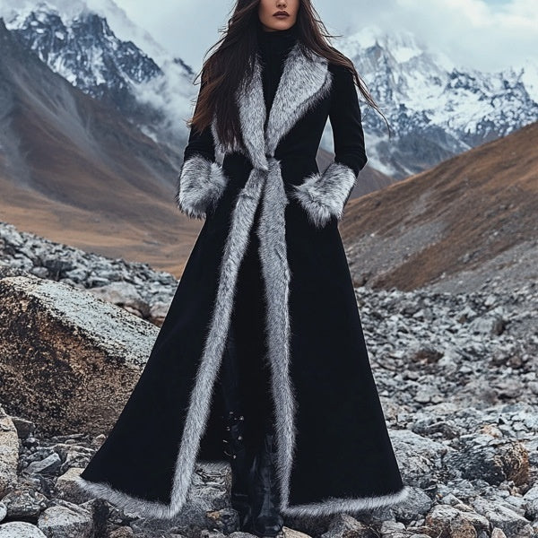 Winter Women's Retro Black Ethnic Style Faux Fur Trim Suede Long Coat