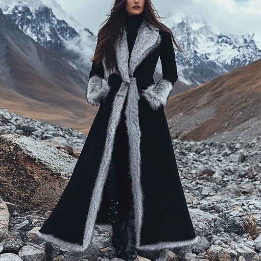 Winter Women's Retro Black Ethnic Style Faux Fur Trim Suede Long Coat