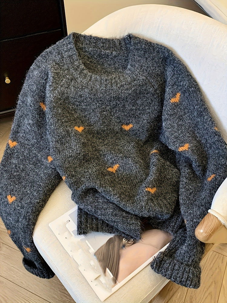 Women's Comfortable Sweater With Heart Pattern Long-Sleeved Crew-Neck Pullover
