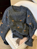 Women's Comfortable Sweater With Heart Pattern Long-Sleeved Crew-Neck Pullover