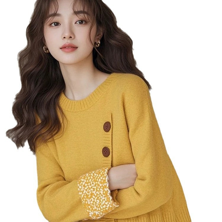 Laid-back Yellow Slanted-button Knit Undershirt Sweater