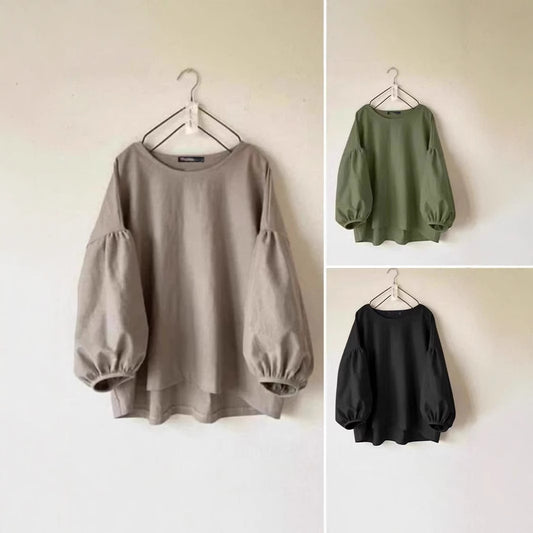 Women's Loose-fit Vintage Crew-neck Shirt With Puff Sleeves