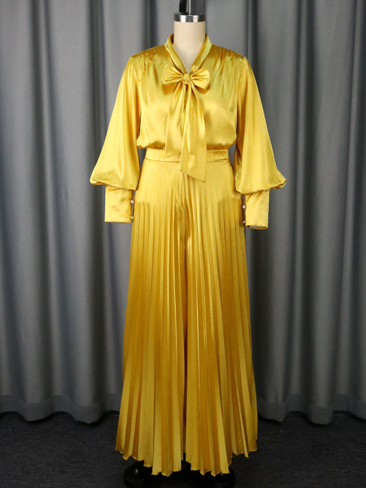 Sexy V-neck Bow Long Sleeve Top Elegant Pleated Wide Leg Trousers Suit