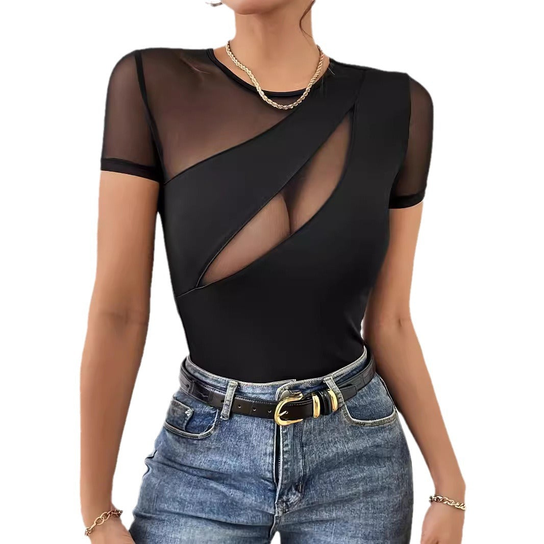 SpringSummer Sexy Solid-Color Short-Sleeve Mesh-Panel T-Shirt For A Slimming Look