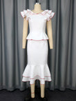 Women's Ruffled Contrast Color Top Temperament Slim Fishtail Skirt Suit