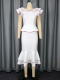 Women's Ruffled Contrast Color Top Temperament Slim Fishtail Skirt Suit