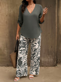 Women's Casual V-Neck Long-Sleeve Pants Set With Digital Print