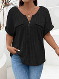 Zipper Short-sleeve Mock-pocket Pullover Loose-fit T-shirt