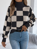 Women's High Neck Color-Blocked Plaid Lantern Sleeve Sweater