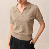 Women's Polo-Neck Diamond-Knit Short-Sleeve Pullover