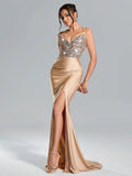 Suspended Backless High Waisted Sequin Patchwork High Slit Long Skirt Dresses Graduation Summer Dress Maxi Women Outfit