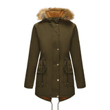 Hooded Women's Mid-length Padded Coat With Fur Collar And Defined Waist