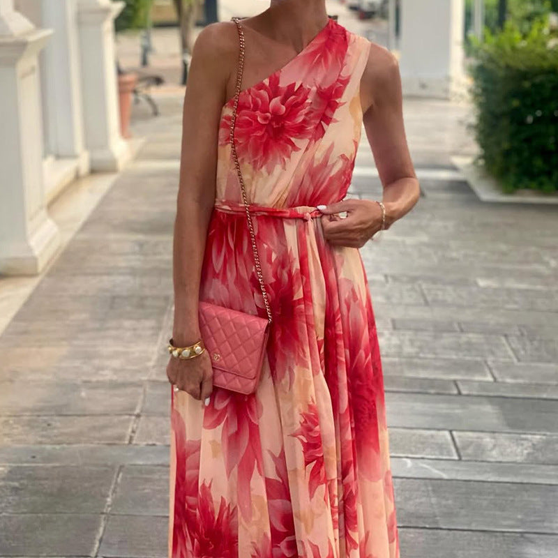 Printed Off-shoulder Sleeveless Long Dress