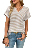New Women's V-neck Short-sleeve Loose-fit Striped Casual Pullover T-shirt