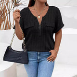 Zipper Short-sleeve Mock-pocket Pullover Loose-fit T-shirt